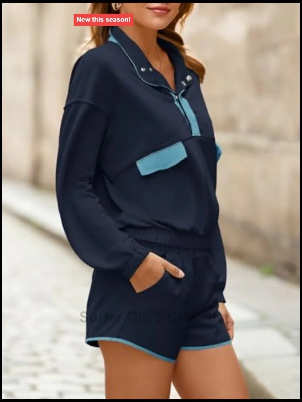 Women's 2 Piece Sets - Casual Half Button Color Block Sweatshirt and Running